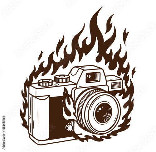 Burning camera illustration vector graphic showing photography passion and photo inspiration