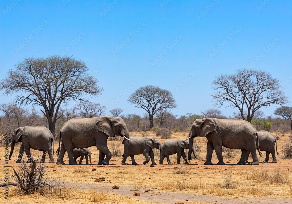 Fototapeta premium Majestic African Elephants in a Sunny Savanna Landscape