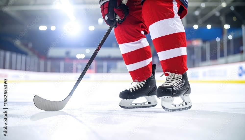Obraz premium Ice hockey player poised on a bright rink, wearing red and white striped pants, stick in hand, ready for action under the arena lights
