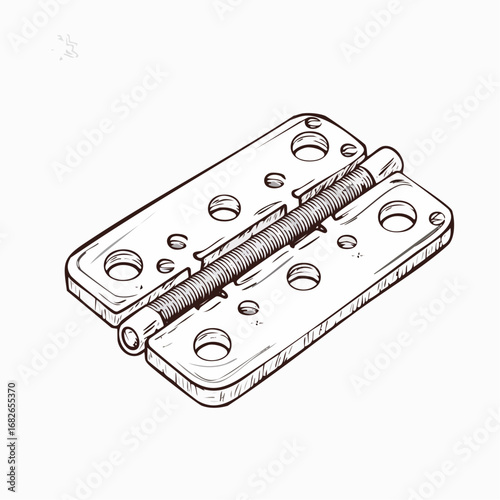Hand-drawn vintage illustration of a metal door hinge, a classic hardware element for carpentry and architectural projects isolated on white
