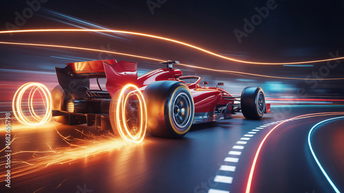 Vibrant red formula one race car speeds around a neonlit track showcasing highspeed racing and automotive technology with glowing tire effects