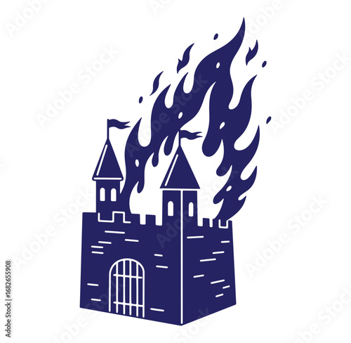 Burning castle illustration depicting medieval history fire destruction and castle siege concept