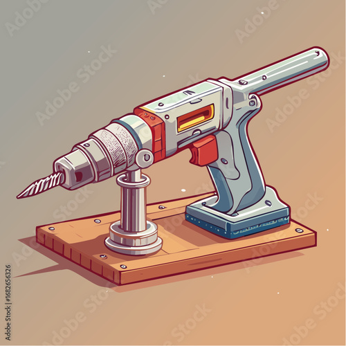 Detailed illustration of a modern cordless power drill mounted on a wooden stand, representing workshop tools and home improvement projects
