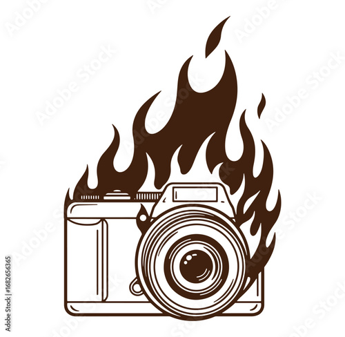 Burning hot camera illustration depicting passionate photography and creative concepts