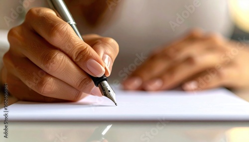 A person writing on white paper with a fountain pen, detail focus on the pen tip and hands. The blurred background creates a soft, professional atmosphere