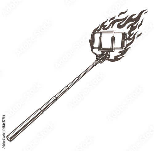 Burning selfie stick with smartphone and flames vector illustration on white background