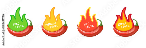 Spicy hot red chili pepper icons set with flame and rating of spicy. Vector spicy food level sticker collection, mild, medium hot and extra hot level of pepper sauce or snack food