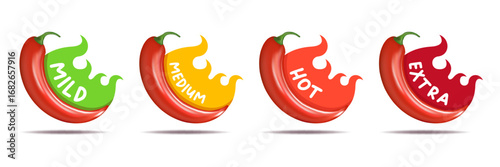Spicy hot red chili pepper icons set with flame and rating of spicy. Vector spicy food level sticker collection, mild, medium hot and extra hot level of pepper sauce or snack food