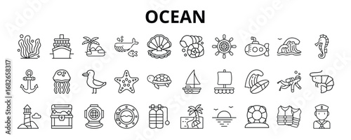 30 Ocean Line Icons Vector - Island, Sea Snail, Anchor, Jellyfish, Seagull, Turtle, Surfing, Diving