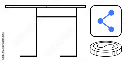 Desk with digital share icon and coin emphasizing connectivity, exchange, technology, finance, and collaboration. Ideal for tech solutions, productivity, financial tools, social media teamwork