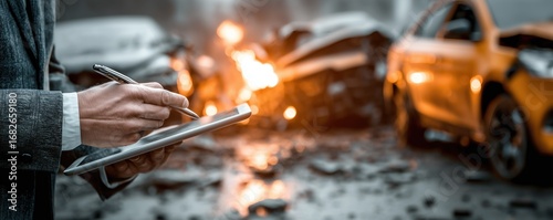 Insurance agent records car accident damage using an app on a tablet, ensuring accurate claims and quick service