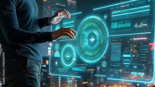 Person interacting with a futuristic UI dashboard