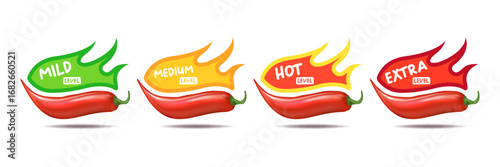 Spicy hot red chili pepper icons set with flame and rating of spicy. Vector spicy food level sticker collection, mild, medium hot and extra hot level of pepper sauce or snack food