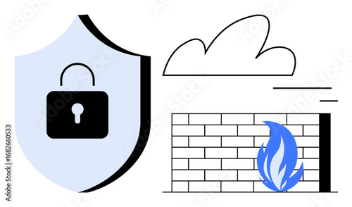 Shield with lock, brick firewall with blue flame, cloud element. Ideal for cybersecurity, data protection, firewall setup, cloud security, internet safety, IT support simple landing page