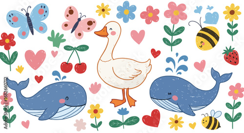 Charming hand-drawn illustration featuring a delightful assortment of whimsical creatures and elements
