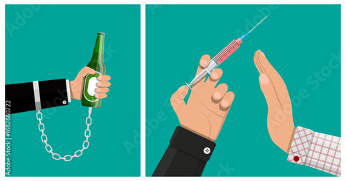 Hand of a man chained to alcohol bottle and hands refusing syringe with drug. Concept of addiction, bad habit, and choice.