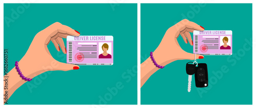 Woman hand holding driver license document or with car key. Driving permit identification card. Personal identity document for legal driving.
