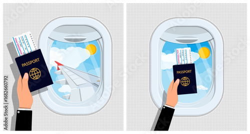 Man hand holding passport and boarding pass in airplane porthole view. Travel concept, aviation and journey. Flat style illustration for flight preparation.