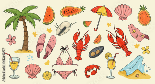 Colorful summer beach themed doodle elements pattern with hand drawn style design