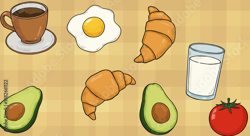 A colorful illustration featuring a balanced breakfast with fresh ingredients