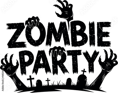 Spooky zombie party invitation title with creepy hands and gravestones illustration for halloween event vector