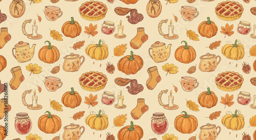 Autumn harvest seamless pattern with pumpkins, pies, tea and fall season elements