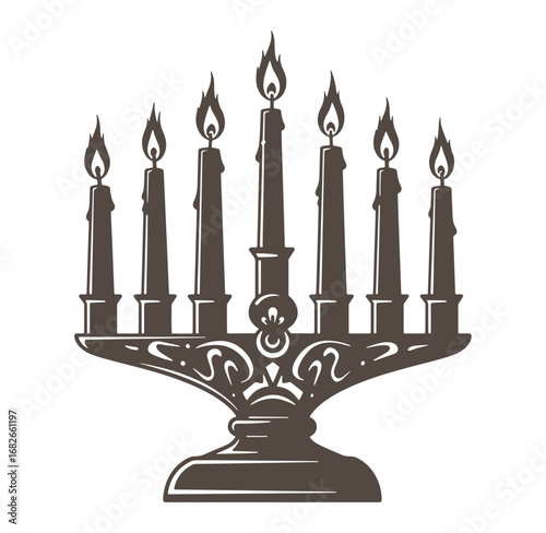 Elegant hand drawn silhouette of a menorah with lit candles for jewish celebrations