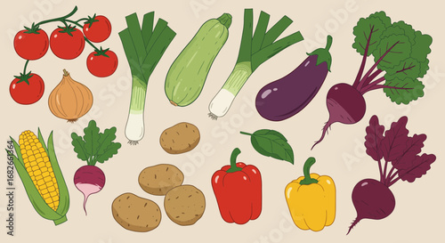 Diverse assortment of fresh, colorful vegetables and fruits for healthy eating promotion