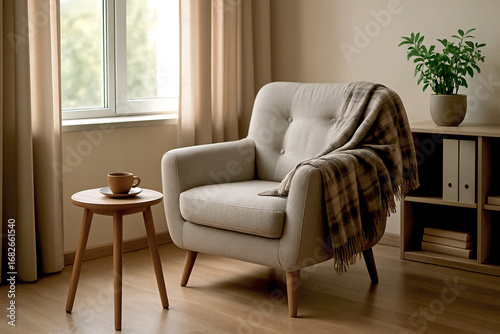 Warm therapist office interior with soft armchair, wooden table and tea cup near window. Relaxing atmosphere for mental health and self-care themes.
