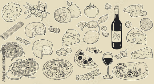 Italian food seamless pattern: pasta, cheese, wine, lemon, pizza, olives and other ingredients