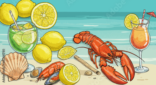 Vibrant seaside illustration with lobster, shellfish, lemons, and refreshing cocktails