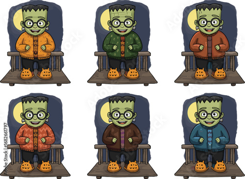 Cute cartoon Frankenstein boy in cozy fall jackets and Halloween slippers, standing on porch with full moon, autumn, spooky, night, costume