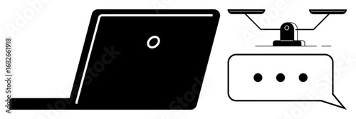 Laptop next to Quadcopter and speech bubble with three dots portrays connectivity, modern technology, remote communication. Ideal for technology, innovation, communication, collaboration, smart