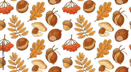 Autumn harvest pattern with leaves, mushrooms, nuts, and berries for fall designs
