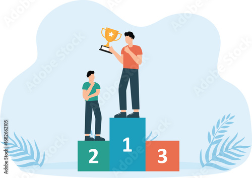 Business celebrating victory on podium, Wins over male business person winner concept 

