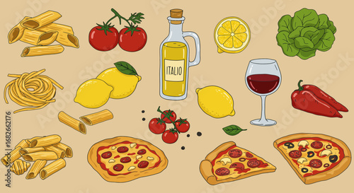 Italian Cuisine Elements: Pasta, Pizza, Vegetables, and Wine Hand-Drawn Illustration