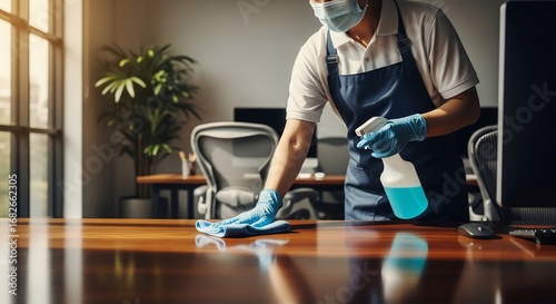 Person wearing a mask and gloves sanitizing a wooden desk in an office setting with a spray bottle.