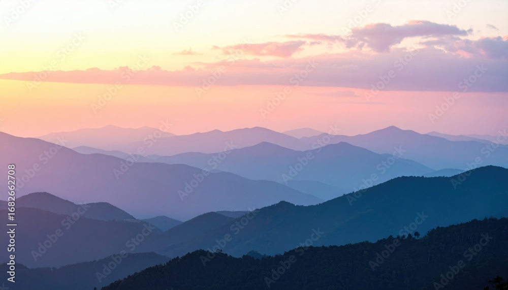 Fototapeta premium Hilly landscape with a gradient of purple, blue and green. Sunset with orange and pink shades. Calm and serenity atmosphere