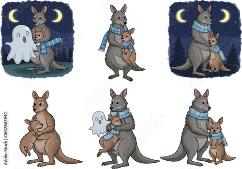Cute kangaroo and joey in scarves, night sky, crescent moon, stars, ghost friends, cozy bedtime illustration, cartoon animal art