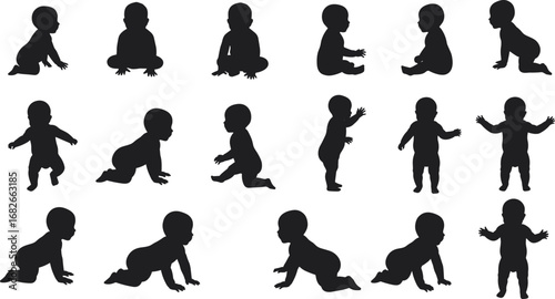 Baby silhouette vector set showing infant crawling, sitting, standing, and playing poses, child growth and early childhood development design