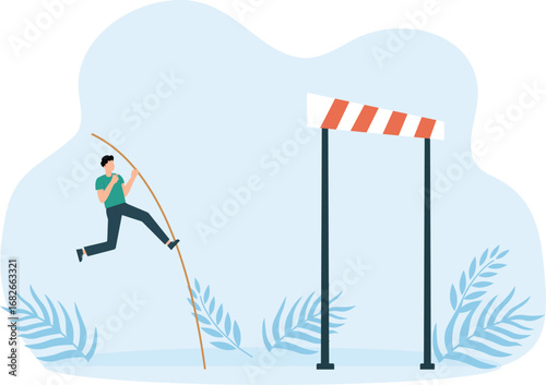 Business challenges with businessman jumping pole vault over barrier and symbol of motivation, Finding solution and overcome obstacles and success concept, 

