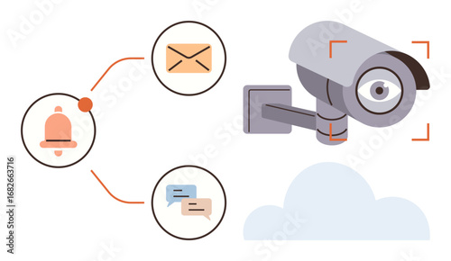 Wall-mounted surveillance camera alongside connections to notification icons thumbs up email, message, and alert bell. Ideal for safety, monitoring, communication, data flow, technology, smart