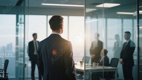 Businessman in a suit stands with his back to the camera, looking at colleagues in a modern office setting.