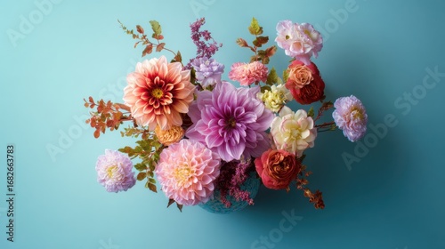 Floral arrangement art creative studio photography minimalist setting top view colorful decoration