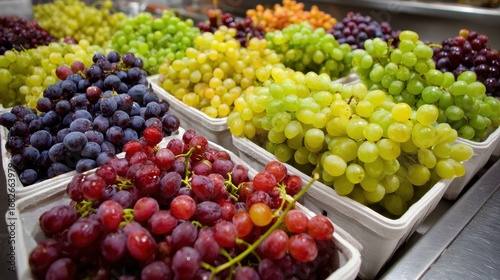 Wallpaper Mural Freshly picked grapes in various colors. Clusters of green, yellow-green, purple, and red grapes displayed in white containers on a stainless steel surface Torontodigital.ca