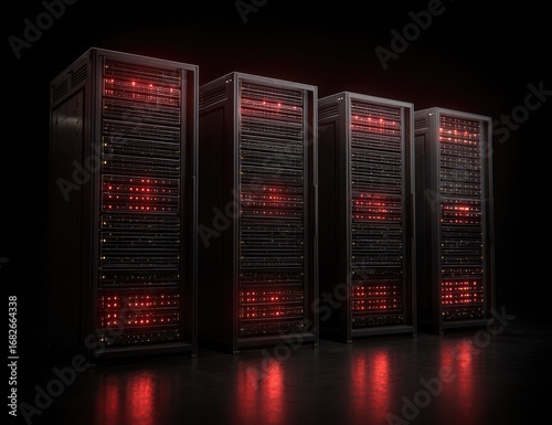 Dark server rack array illuminated by red LEDs