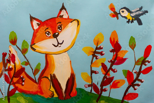 Fox and bird made by child using gouache