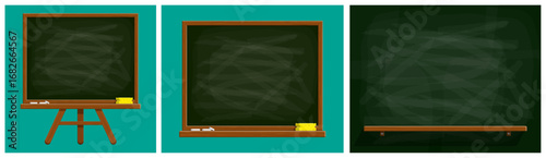Blank green chalkboard set with wooden frame, chalk and sponge. School and education blackboard for message mock up background.