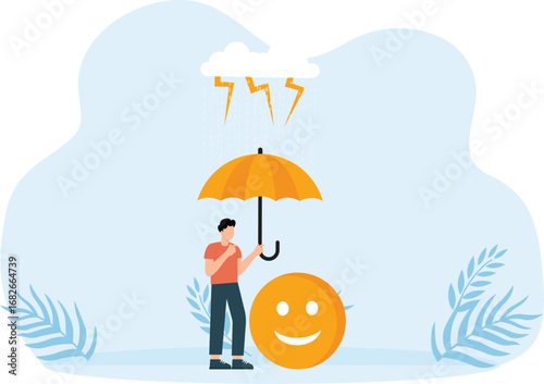 Businessman holding umbrella and protecting positive emotion, Motivation keeping a good mood and mental health, Optimism psychology of positive thinking for business success concept, 

