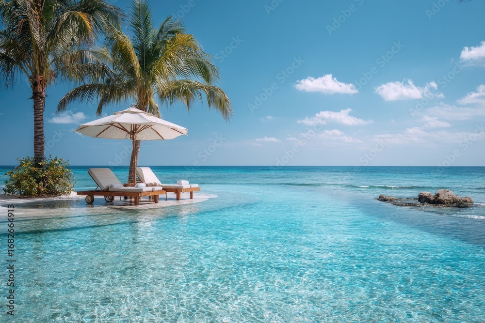 Naklejka premium Tropical infinity pool with loungers and palm trees under a white umbrella